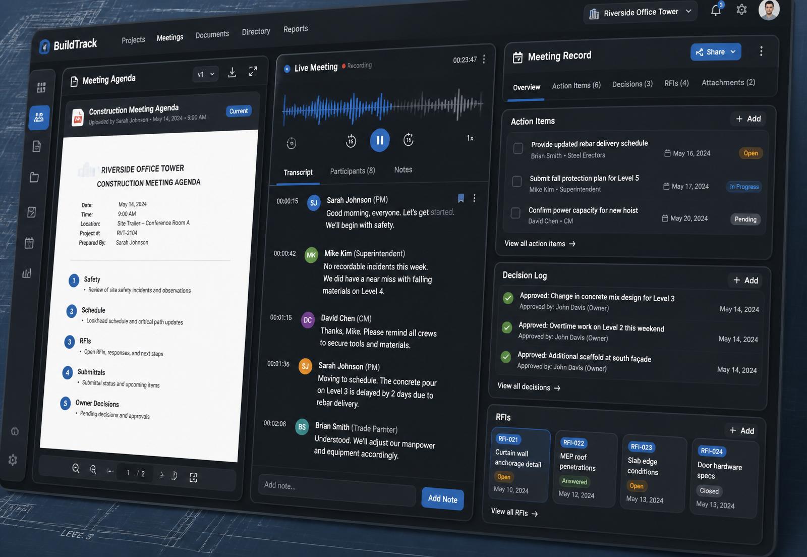 SiteWright product screenshot: agenda, live transcript, and organized meeting record side by side